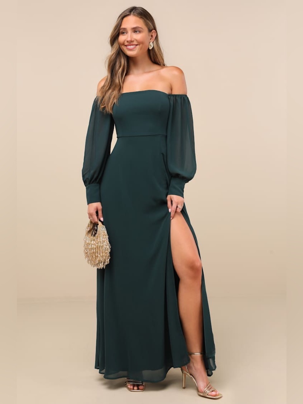 Lulu’s Feel the Romance Emerald Green Off-the-Shoulder Maxi Dress Long Small